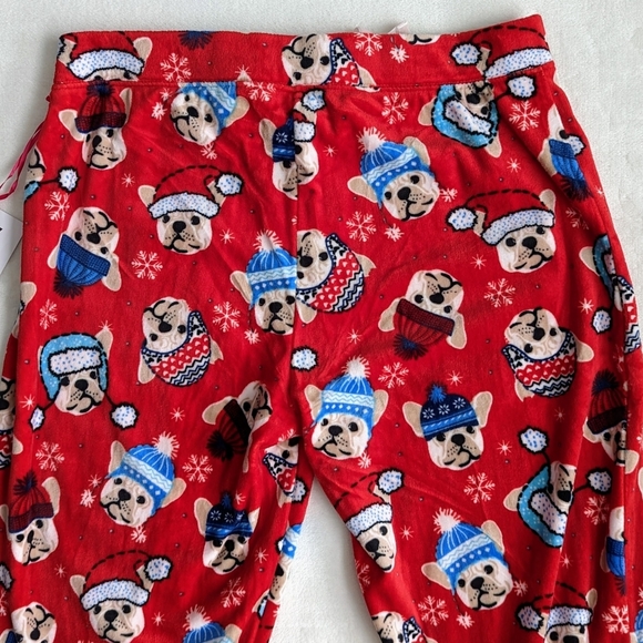 Novogratz Lounge Joggers Frenchie Winter Print Plush Elastic Waist Red M NWT - Picture 9 of 15